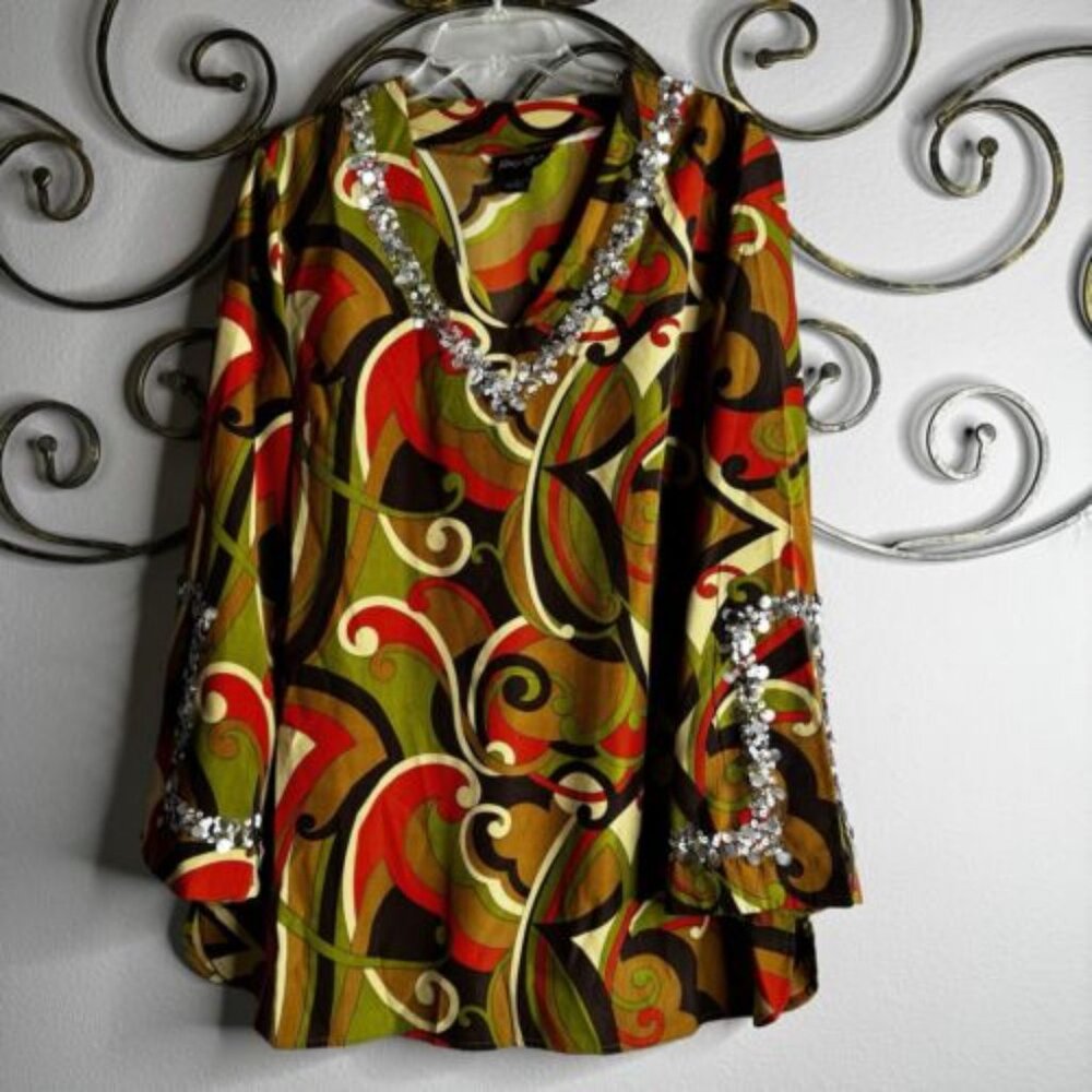 Patti Labelle Sequin Trim Multi-Color Brown Orange Retro Style Blouse Sz L
